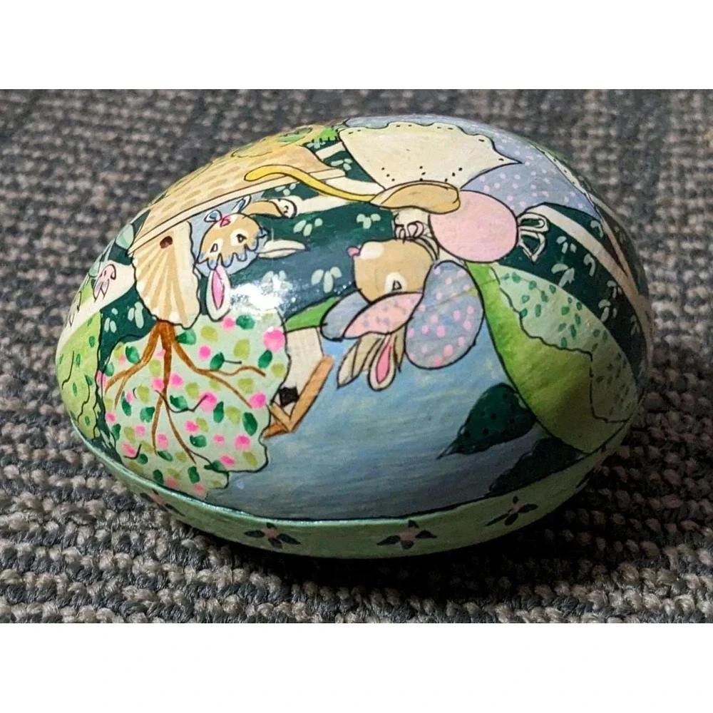 Vtg Lacquer Hand Painted Egg Rabbit Wooden Trinket Box Easter Bunny Baby Wood